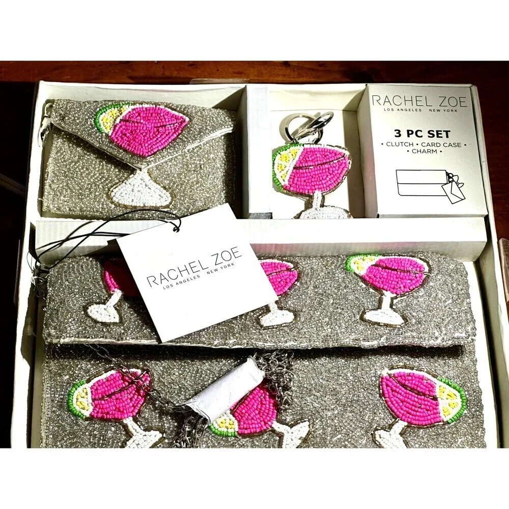 NWT RachelZoe Beaded 3pc set Margarita glass Clutch-Coin Purse & Keychain charm